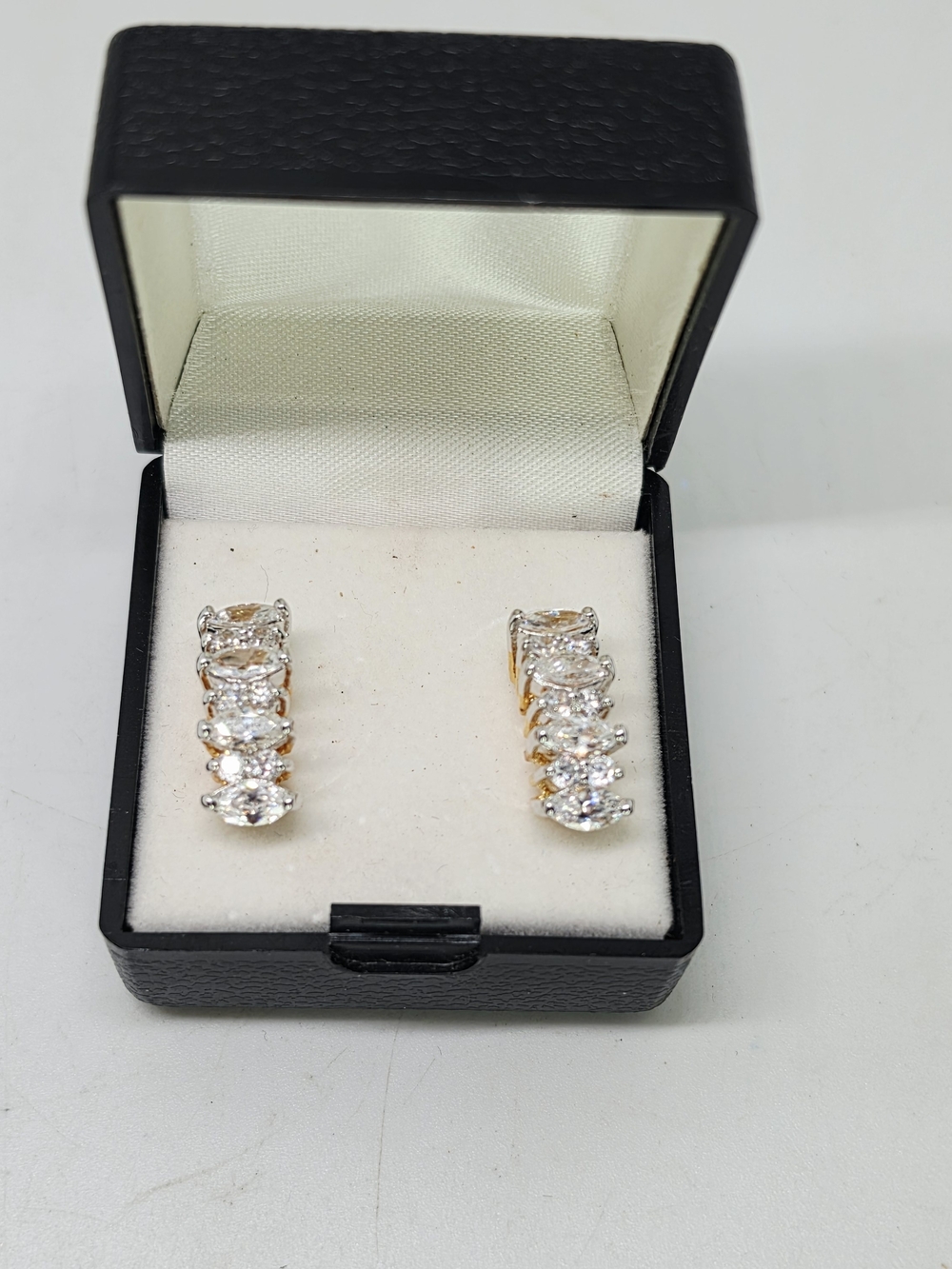 Vtg Marquise CZ Rhinestone Stacked Cluster Gold Plated Pierced Huggie Earrings